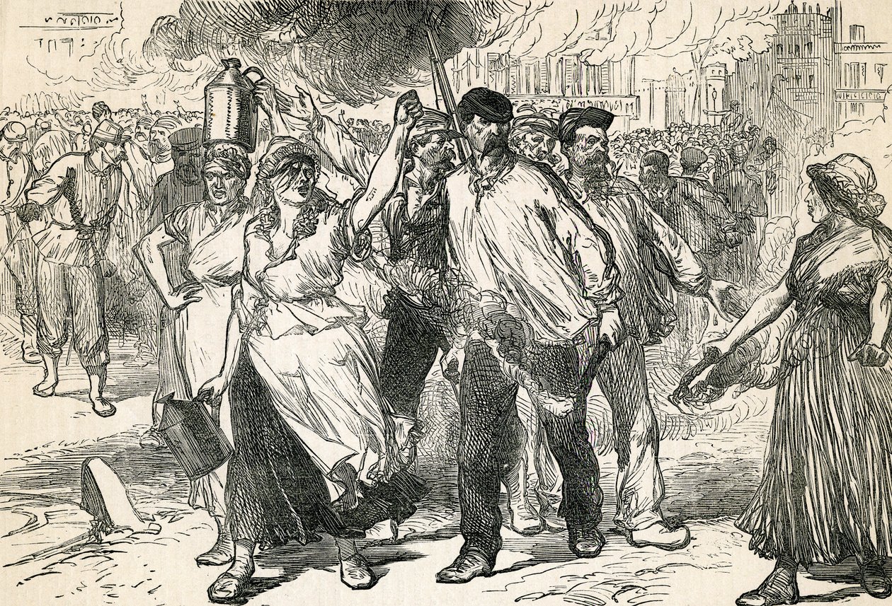 Powstańcy pustoszą ulice Paryża, zaczerpnięte z Cassells Illustrated History, 1872 autorstwa English School