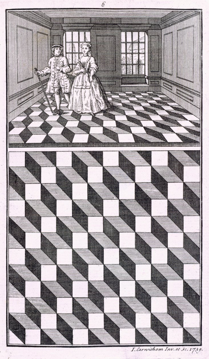 Wnętrze, ilustracja z różnego rodzaju dekoracji podłóg, John Carwitham, 1739, rycina bw autorstwa English School