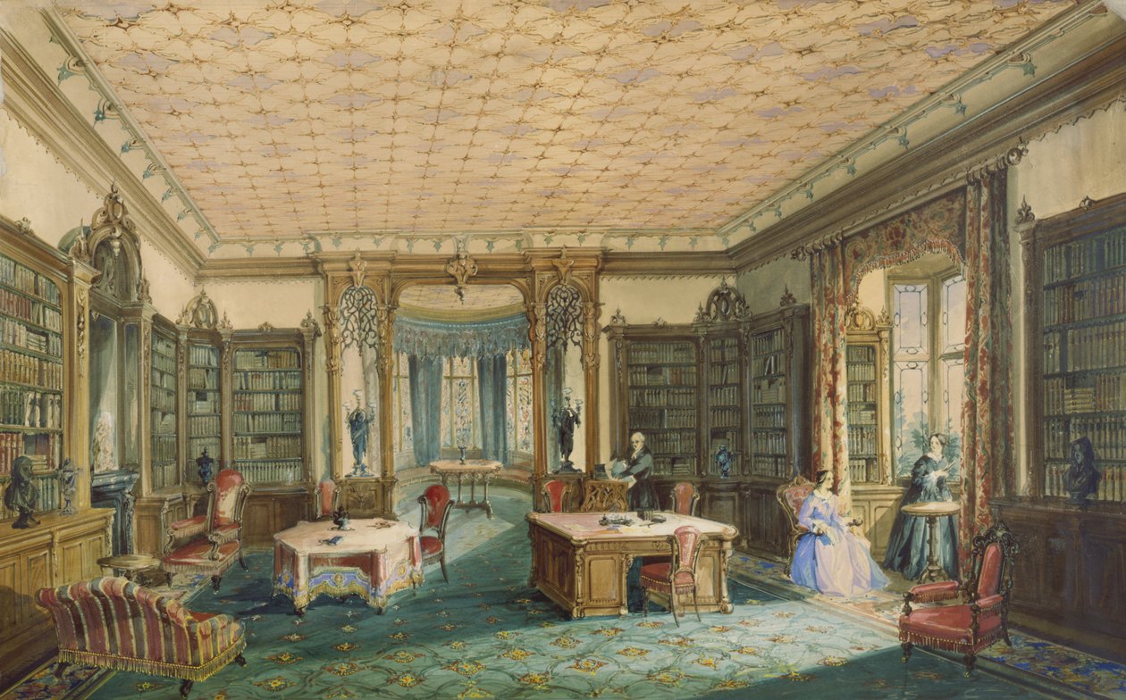 Wnętrze Biblioteki wiktoriańskiej (wc na papierze) autorstwa English School