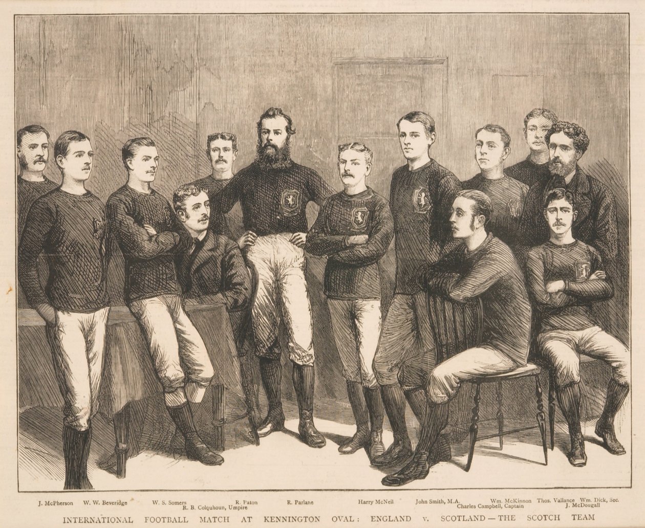 Międzynarodowy mecz piłki nożnej na Kennington Oval: Anglia vs. Szkocja - The Scotch Team, z The Graphic, 1879 autorstwa English School