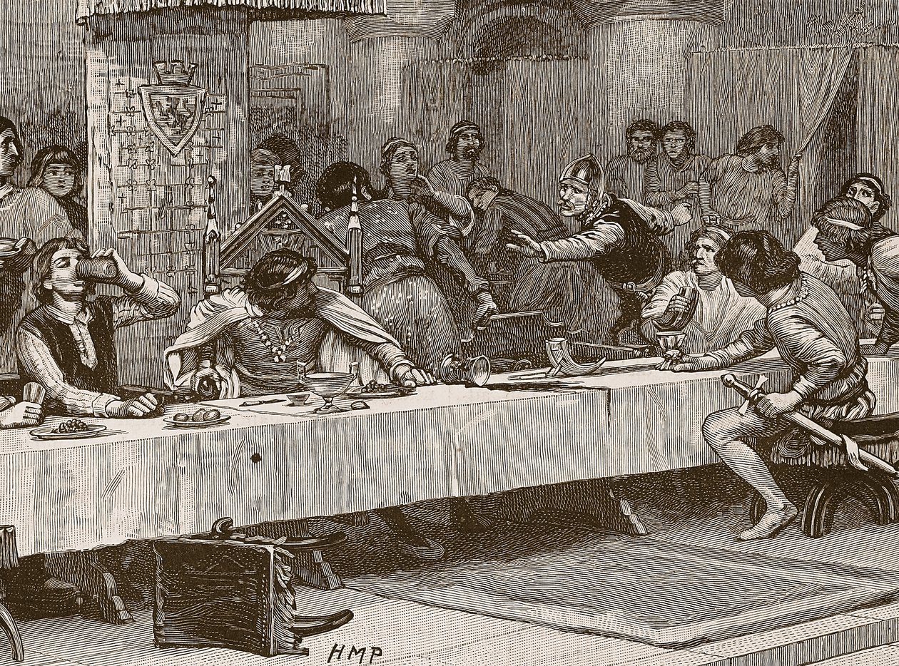 Interrupting Balliols Christmas Dinner, ilustracja z Cassells Illustrated History of England (zdjęcie w sepii) autorstwa English School
