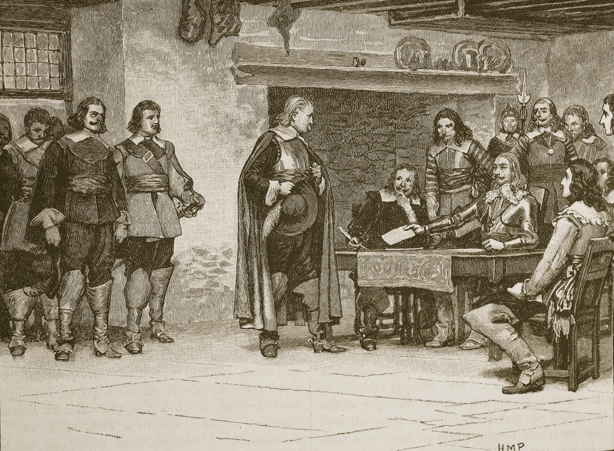 Wywiad między Charlesem a hrabią Denbigh, ilustracja z Cassells Illustrated History of England (zdjęcie w sepii) autorstwa English School