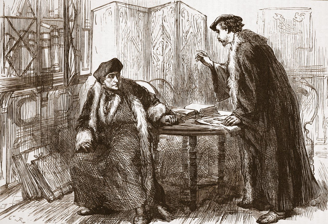 Wywiad między Erazmem a Kalwinem, ilustracja z Historii protestantyzmu Jamesa Aitkena Wylie (1808-1890), wyd. 1878 autorstwa English School