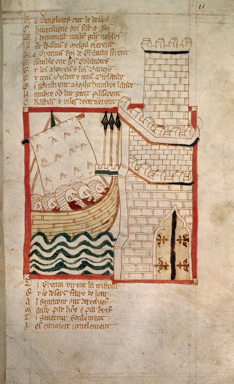 Inwazja Szkotów i Duńczyków, z Kroniki Wersetu „Roman de Brut” (welum) autorstwa English School