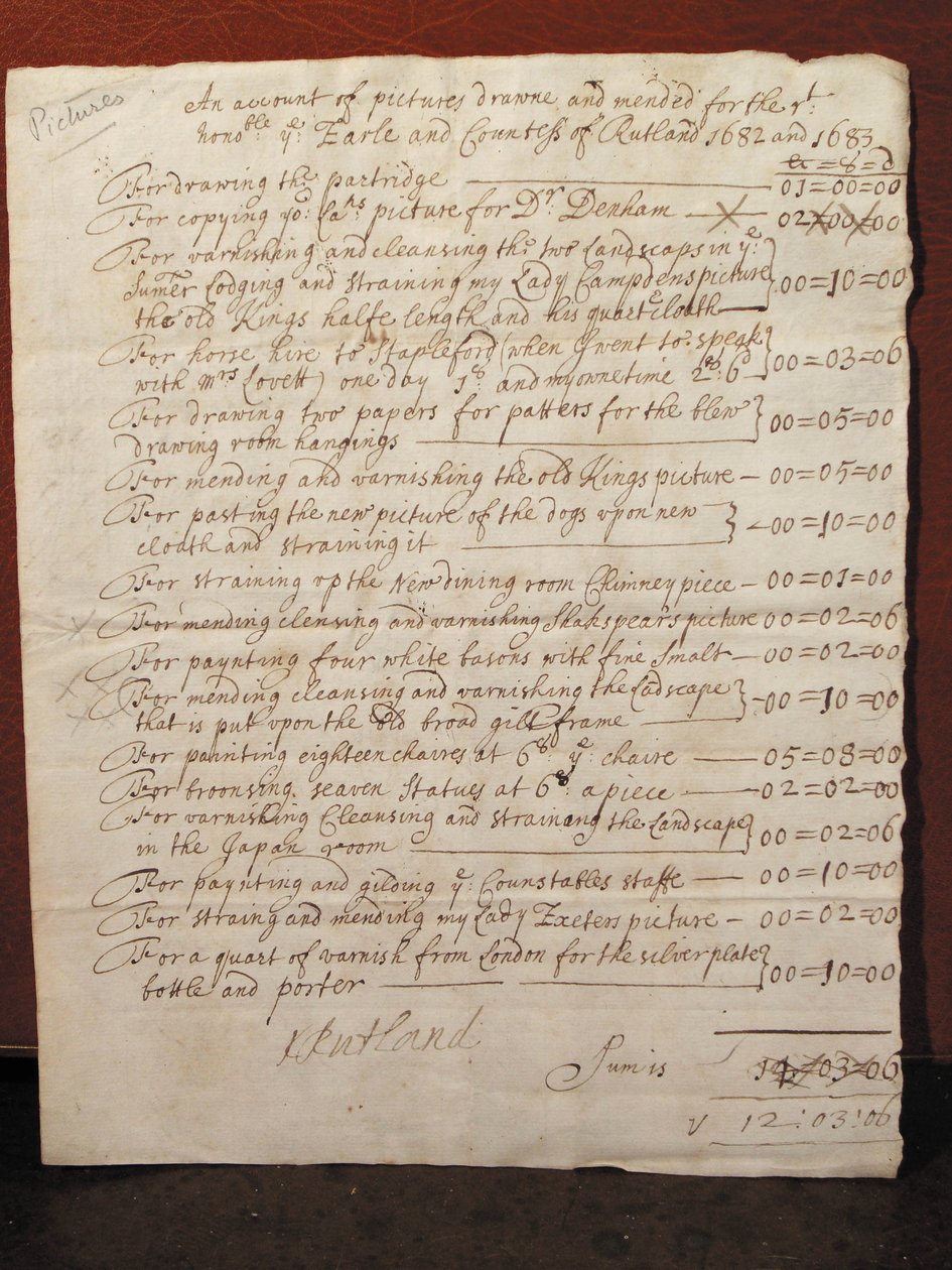 Faktura za oczyszczenie portretu Williama Szekspira, ok. 1682 (tusz na papierze) autorstwa English School
