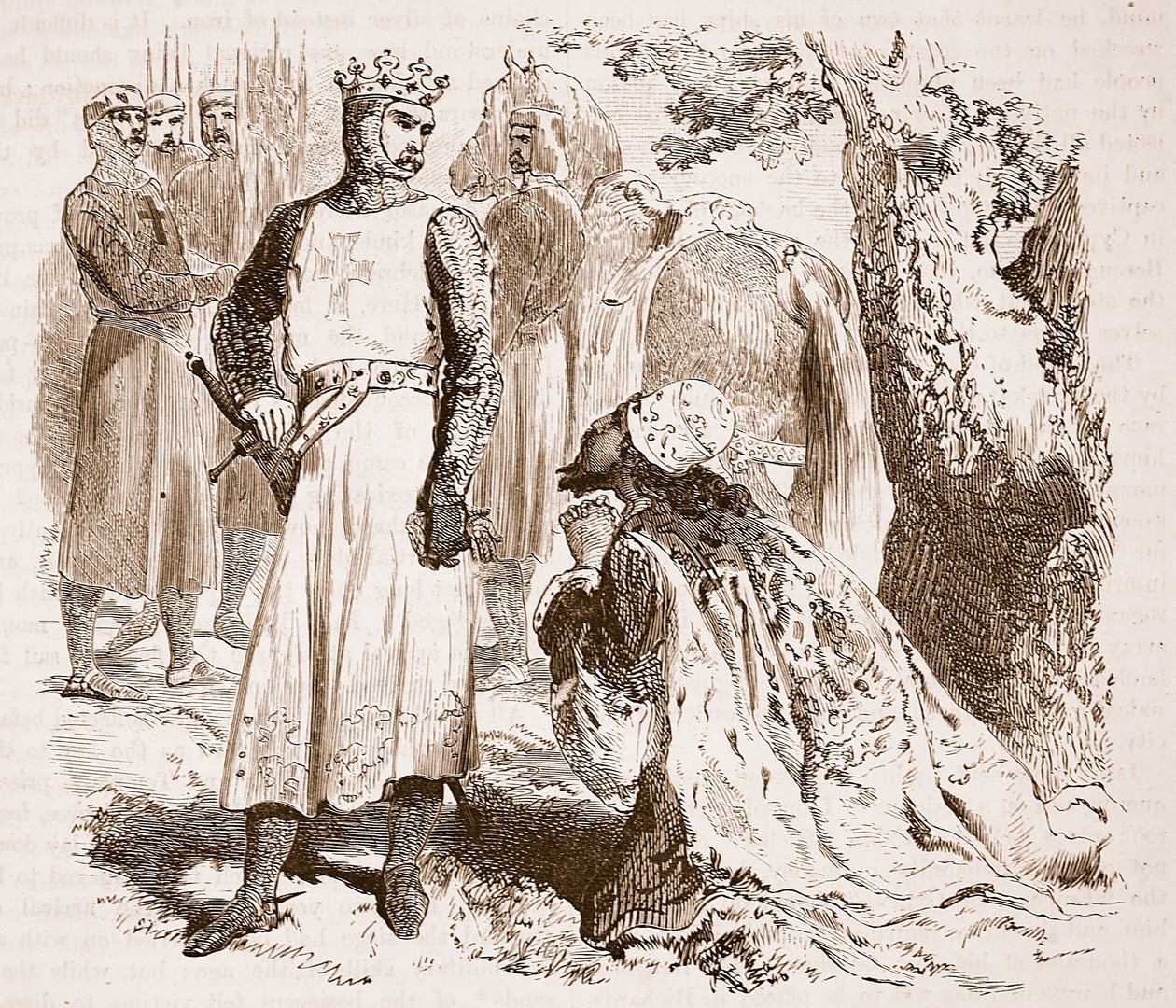 Izaak z Cypru błagający o uwolnienie córki, ilustracja z Cassells Illustrated History of England (zdjęcie w sepii) autorstwa English School