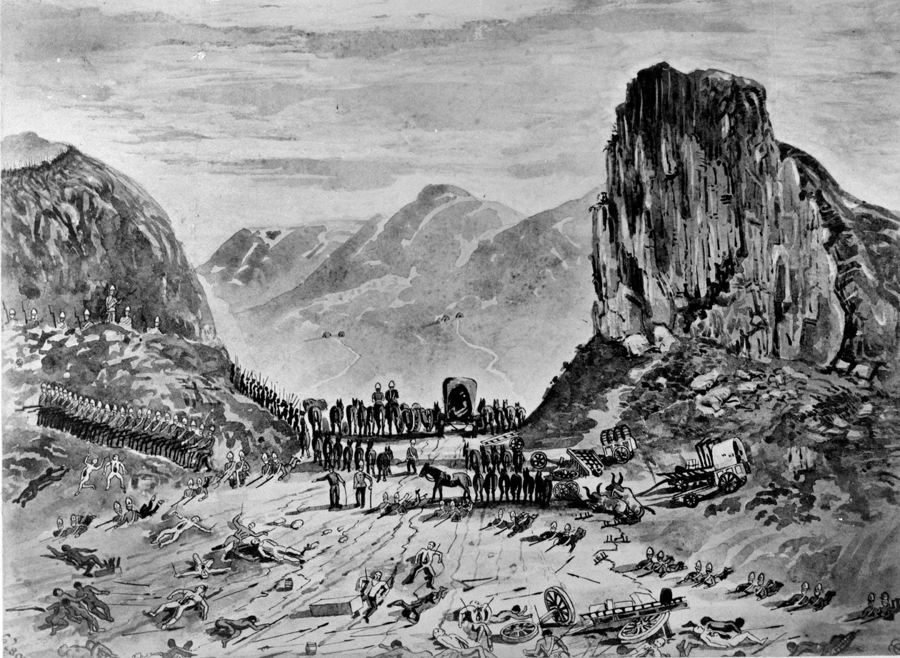Isandhlwana po bitwie, 1879 (pióro i atrament i pranie na papierze) autorstwa English School