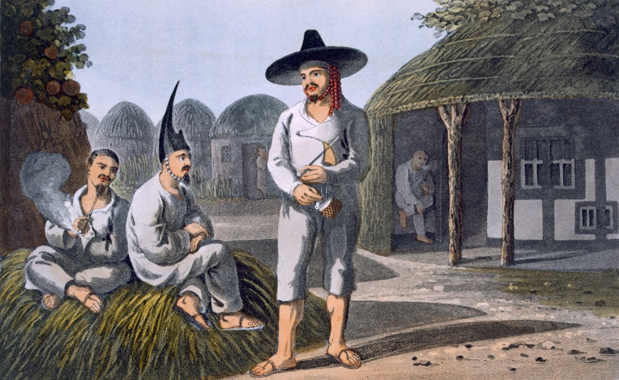 Wyspiarze z grupy Sir James Halls, 1820 (kolorowa akwatinta) autorstwa English School