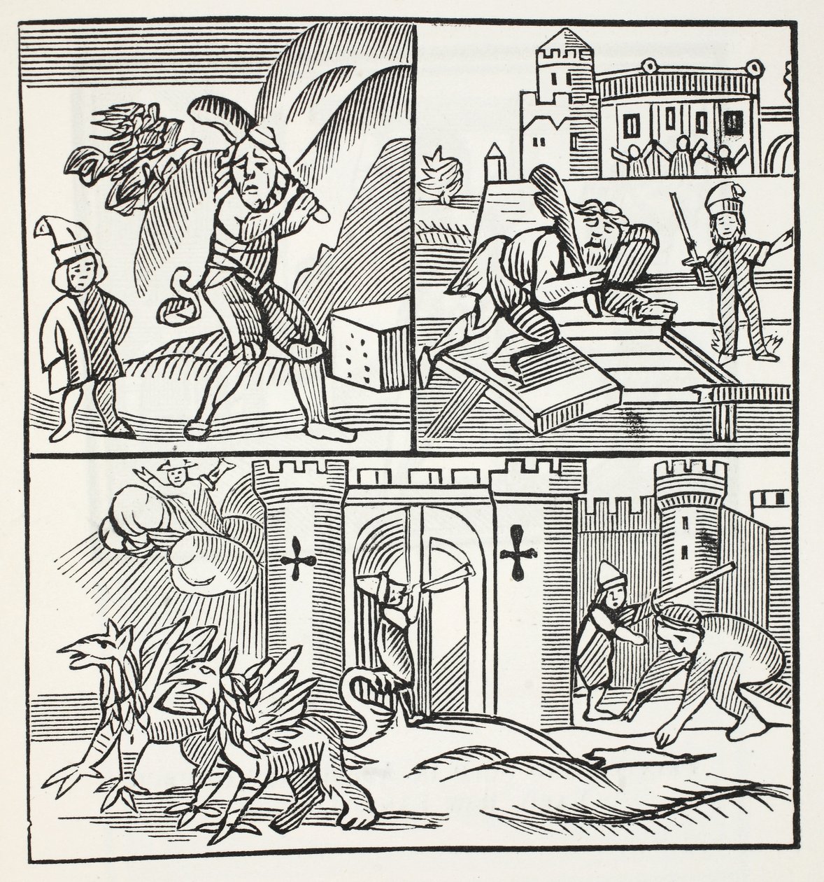 Jack and the Giants, ilustracja z książki rozdziałów XVIII wieku autorstwa Johna Ashtona, wyd. 1882 autorstwa English School