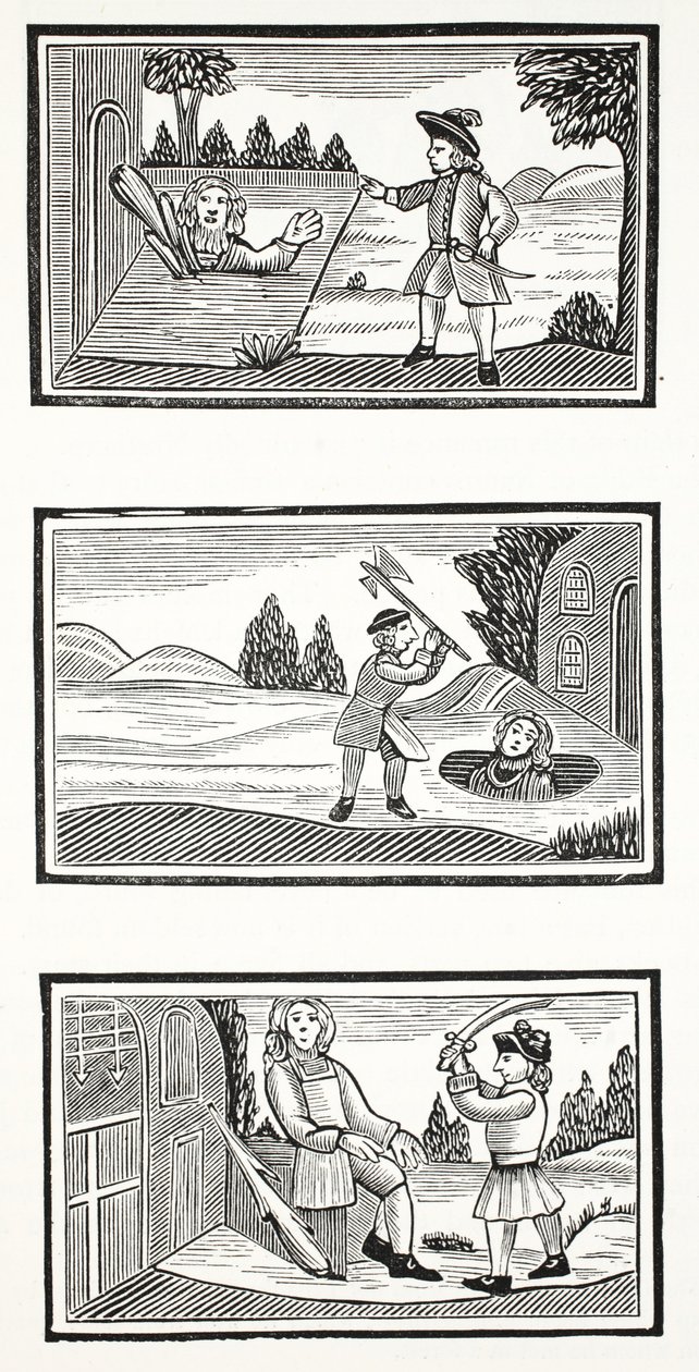 Jack and the Giants, ilustracja z książki rozdziałów XVIII wieku autorstwa Johna Ashtona, wyd. 1882 autorstwa English School