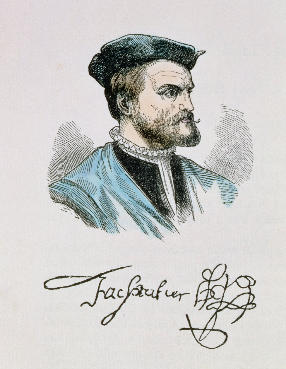 Jacques Cartier (1491-1557) ilustracja z tomu IV „Narrative and Critical History of America”, 1886 (późniejsze zabarwienie) autorstwa English School