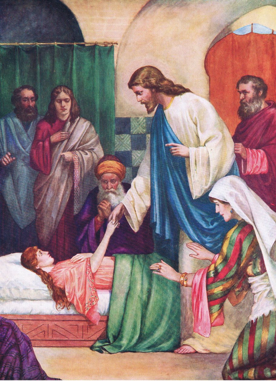 Córka Jaira, z The Bible Picture Book wydanej przez Thomasa Nelsona, ok. 1950 r. (litografia kolorowa) autorstwa English School