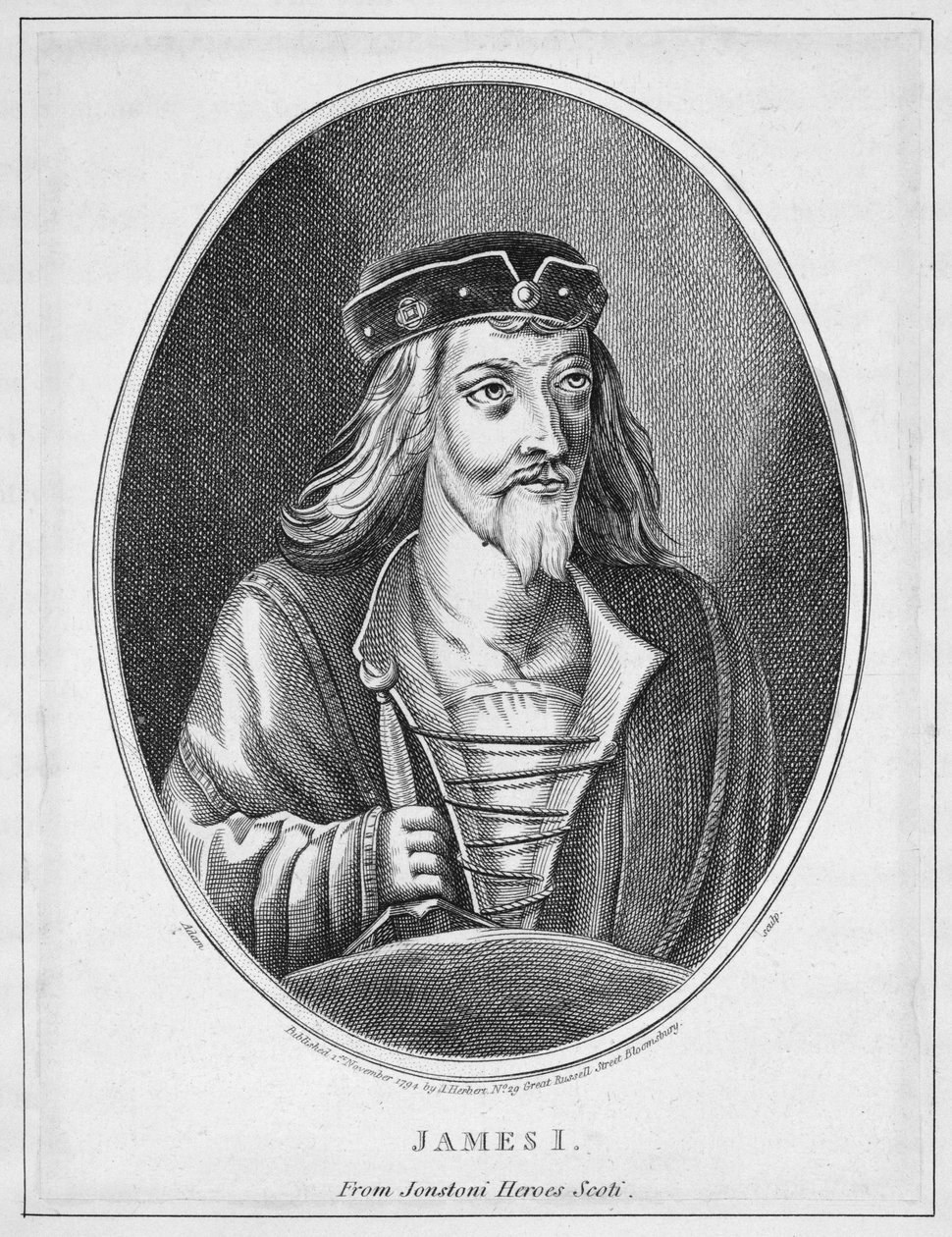 Jakub I (1394-1437), król Szkocji, z Johnstones Scottish Heroes, rytowany przez Adama, opublikowany 1794 autorstwa English School