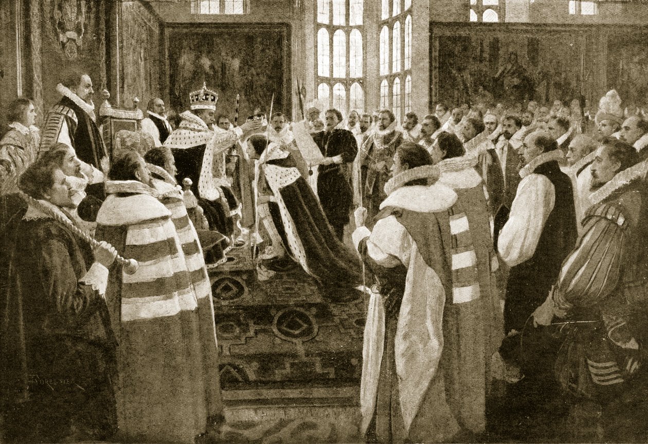 James I inwestuje swojego syna Karola jako księcia Walii, 1616, ilustracja z Hutchinsons Story of the British Nation, c.1923 autorstwa English School