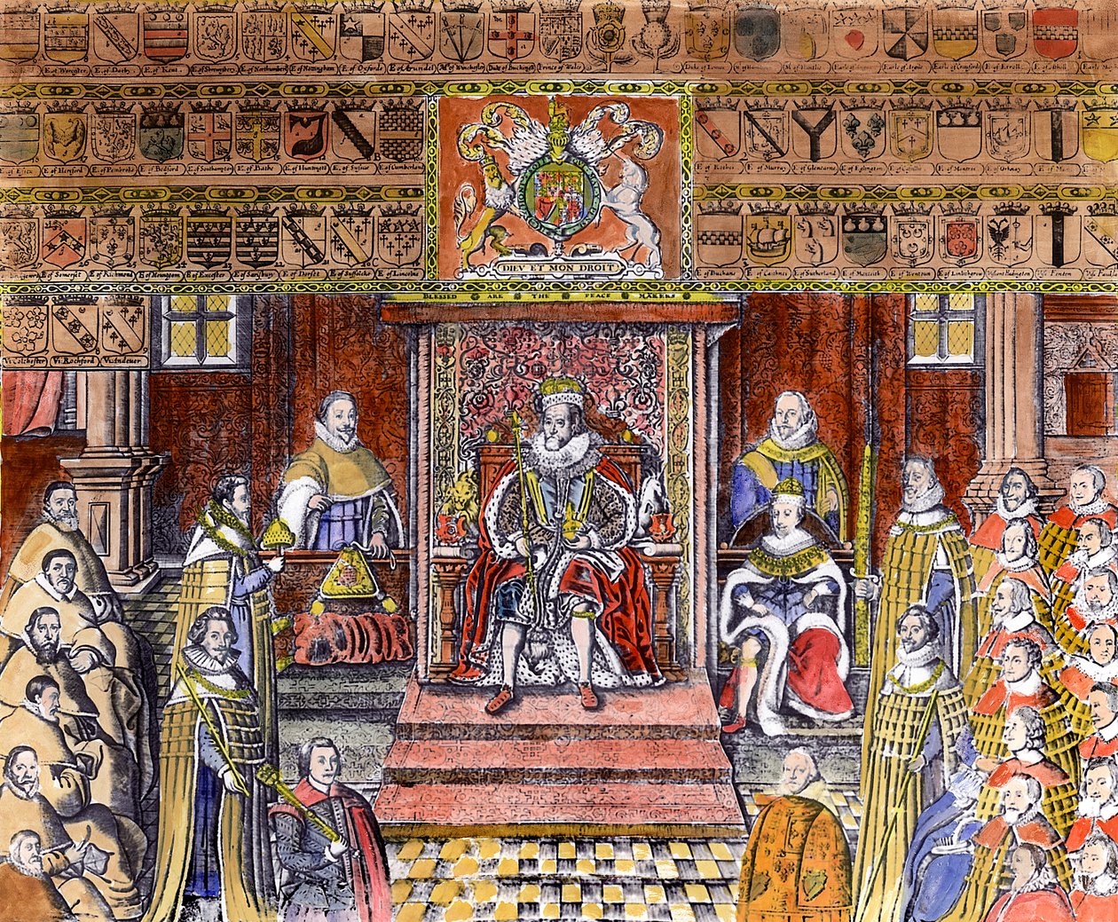 Jakub I z Anglii (1566-1625) na dworze (grawerowanie) (późniejsze zabarwienie) autorstwa English School
