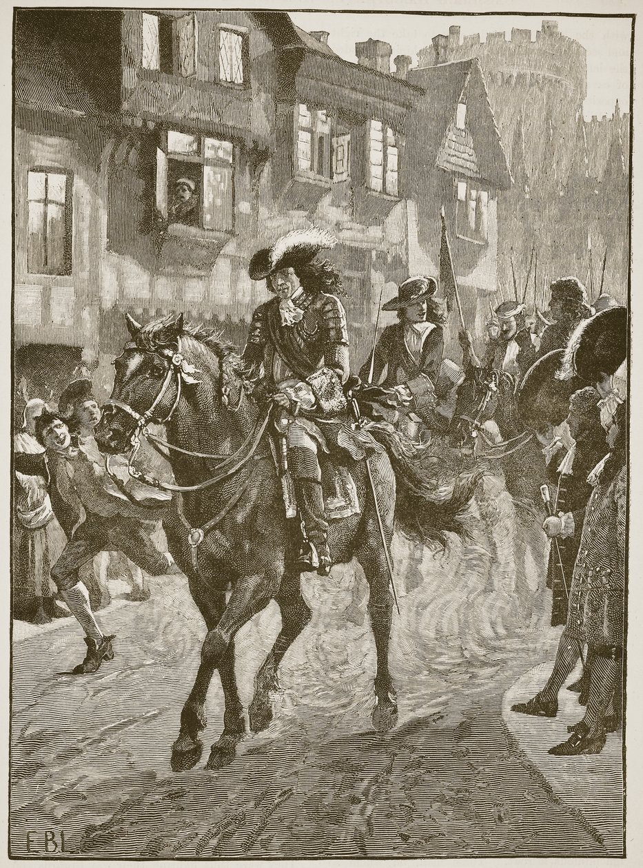 James wjeżdżający do Dublina po bitwie nad Boyne, ilustracja z Cassells Illustrated History of England (zdjęcie w sepii) autorstwa English School