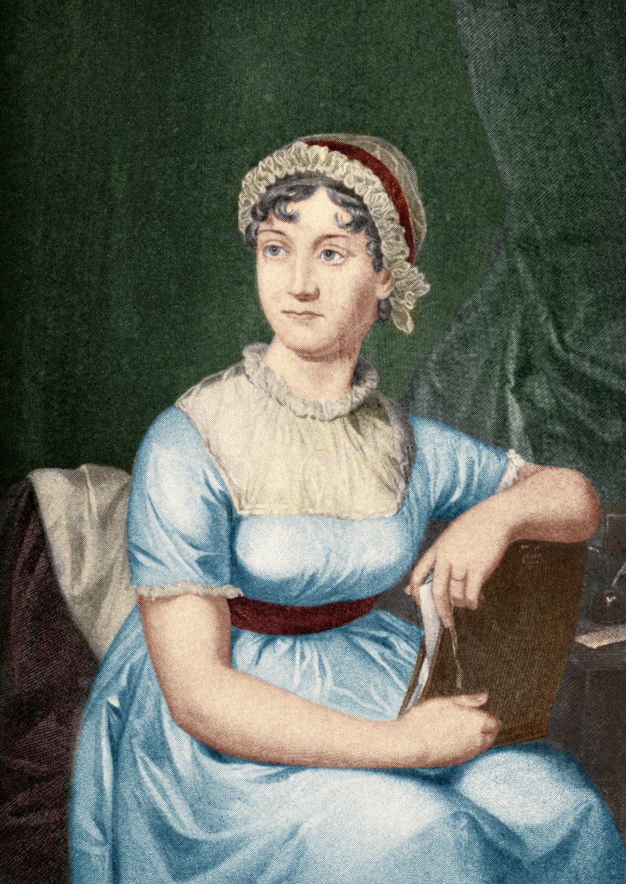 Jane Austen (1775-1817) ilustracja z „Małych podróży do domów sławnych kobiet”, opublikowana w 1897 (późniejsza koloryzacja) autorstwa English School