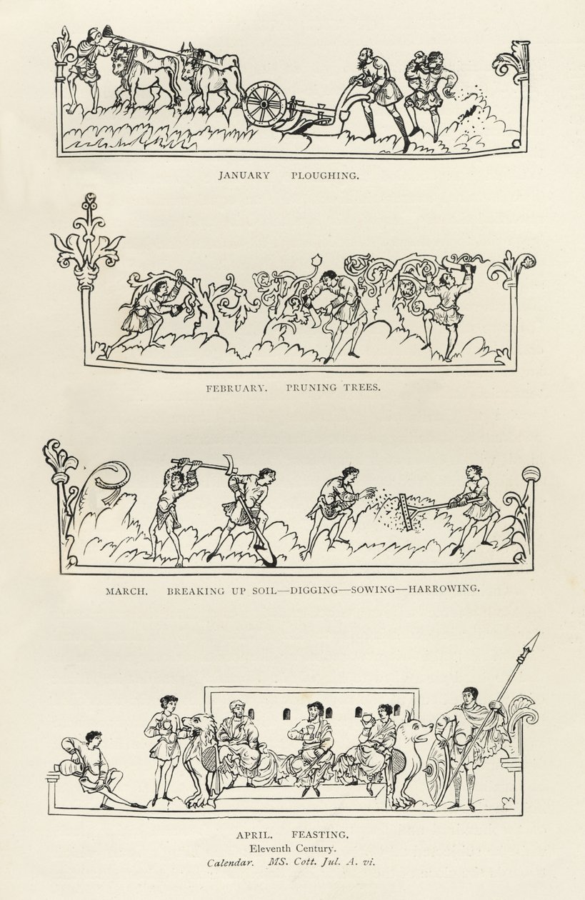 Styczeń, luty, marzec i kwiecień, z „Kalendarza Juliusza i hymna”, ilustracja z „Historii ludu angielskiego” autorstwa English School