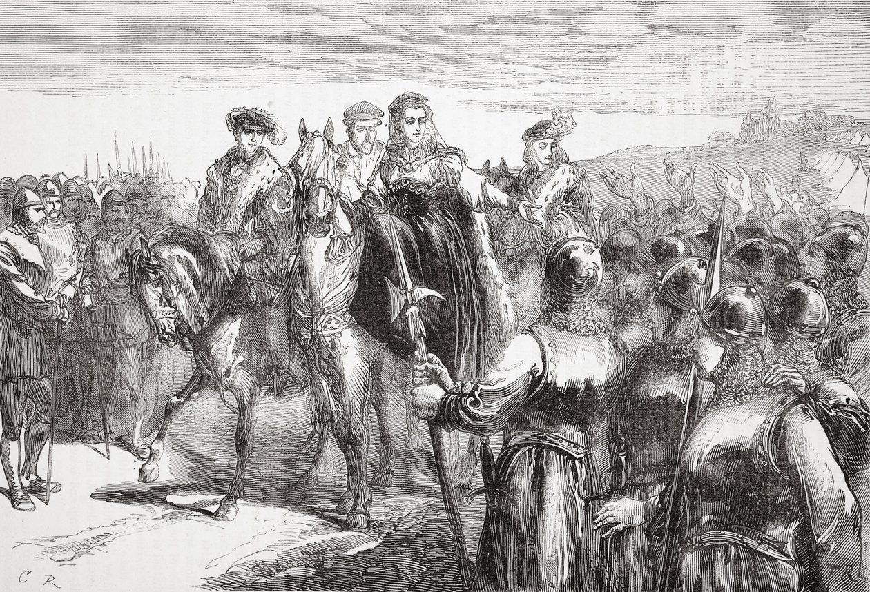 Jeanne DAlbret, królowa Nawarry, przemawiająca do żołnierzy hugenotów, ilustracja z Historii protestantyzmu Jamesa Aitkena Wylie (1808-1890), wyd. 1878 autorstwa English School