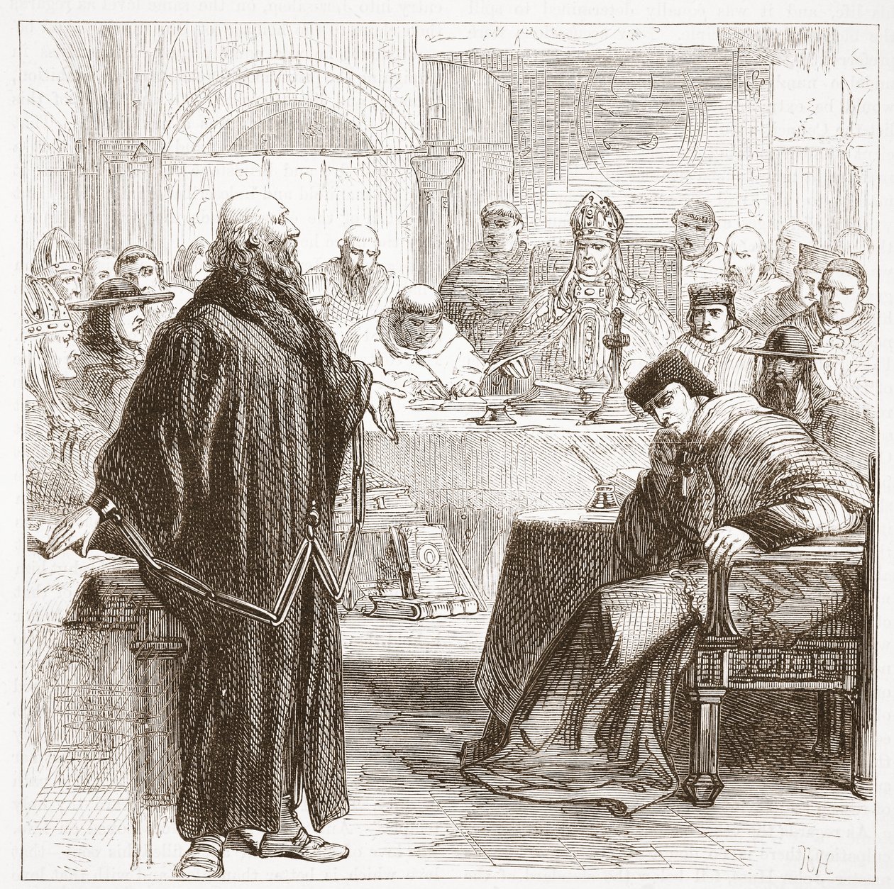 Jerome przemawiający na procesie, ilustracja z Historii protestantyzmu Jamesa Aitkena Wylie (1808-1890), wyd. 1878 autorstwa English School
