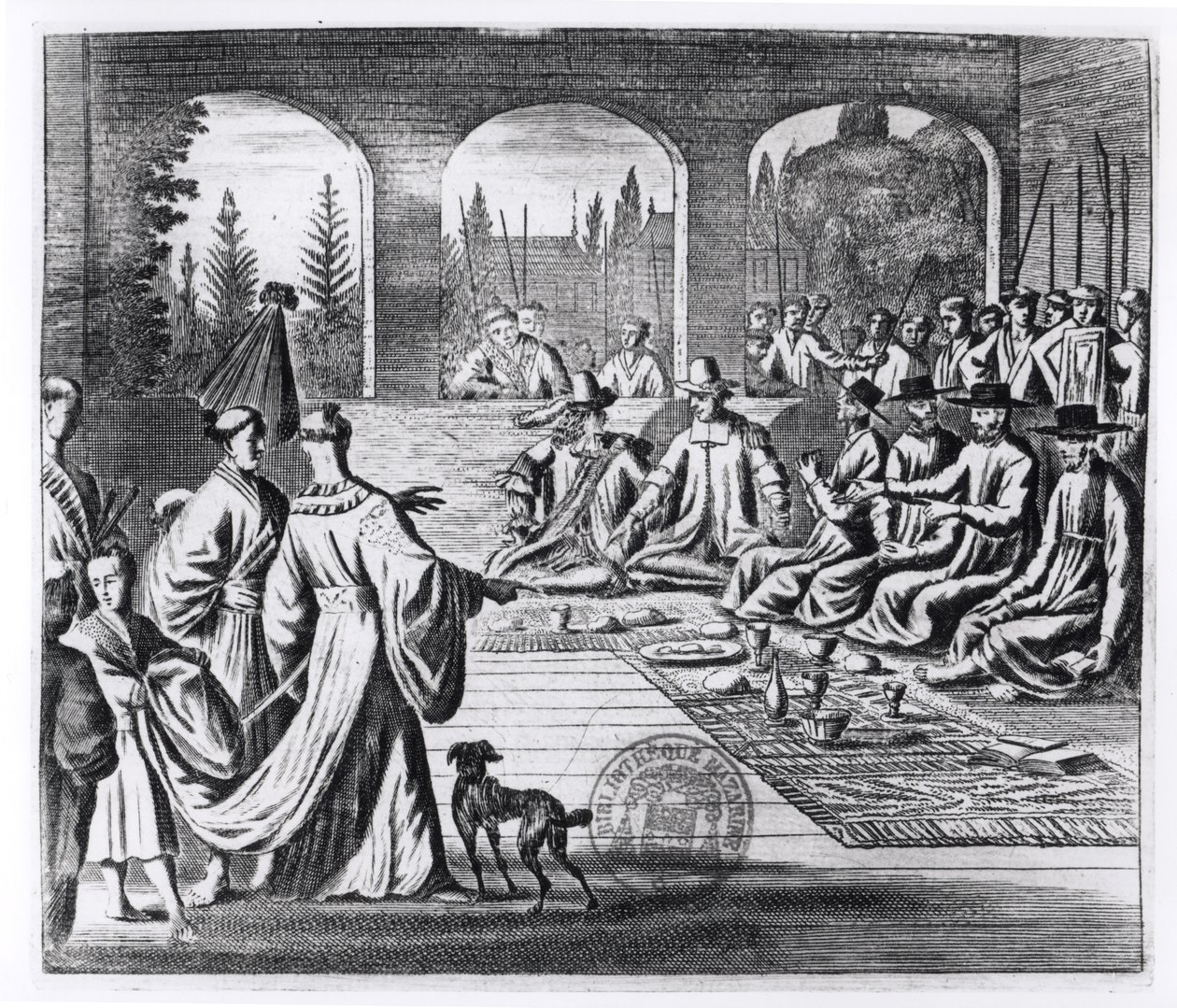 Jezuici z kupcami holenderskimi i portugalskimi na dworze cesarza Japonii, ilustracja z Pamiętnej ambasady do cesarza Japonii autorstwa Arnolda Montanusa, opublikowana w Londynie 1670 autorstwa English School