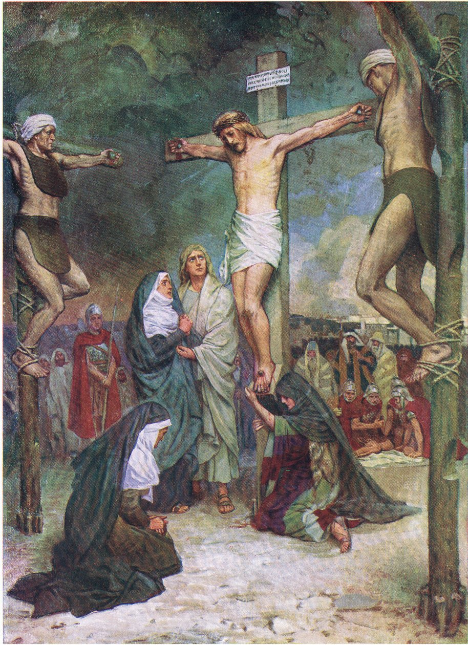 Jezus na krzyżu, z książki The Bible Picture Book opublikowanej przez Thomas Nelson, ok. 1950 r. (kolorowa litografia) autorstwa English School
