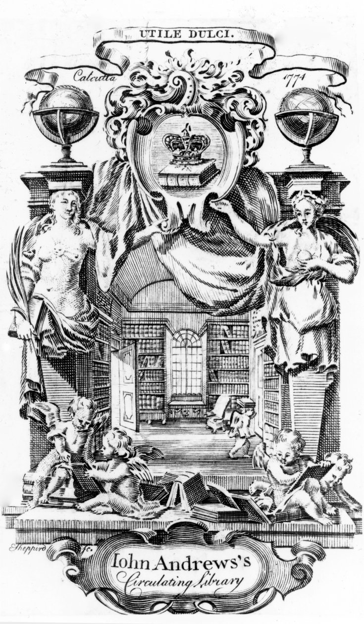 Ekslibris Johna Andrewss Circulating Library autorstwa Josepha Shepperda, opublikowany w Kalkucie, 1774 autorstwa English School