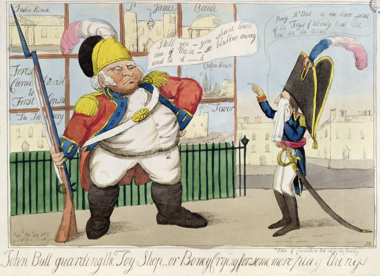 John Bull pilnujący sklepu z zabawkami lub Boney wołający o trochę więcej zabawek, wyd. przez S.W. Fores, 1803 (kolorowa akwaforta) autorstwa English School