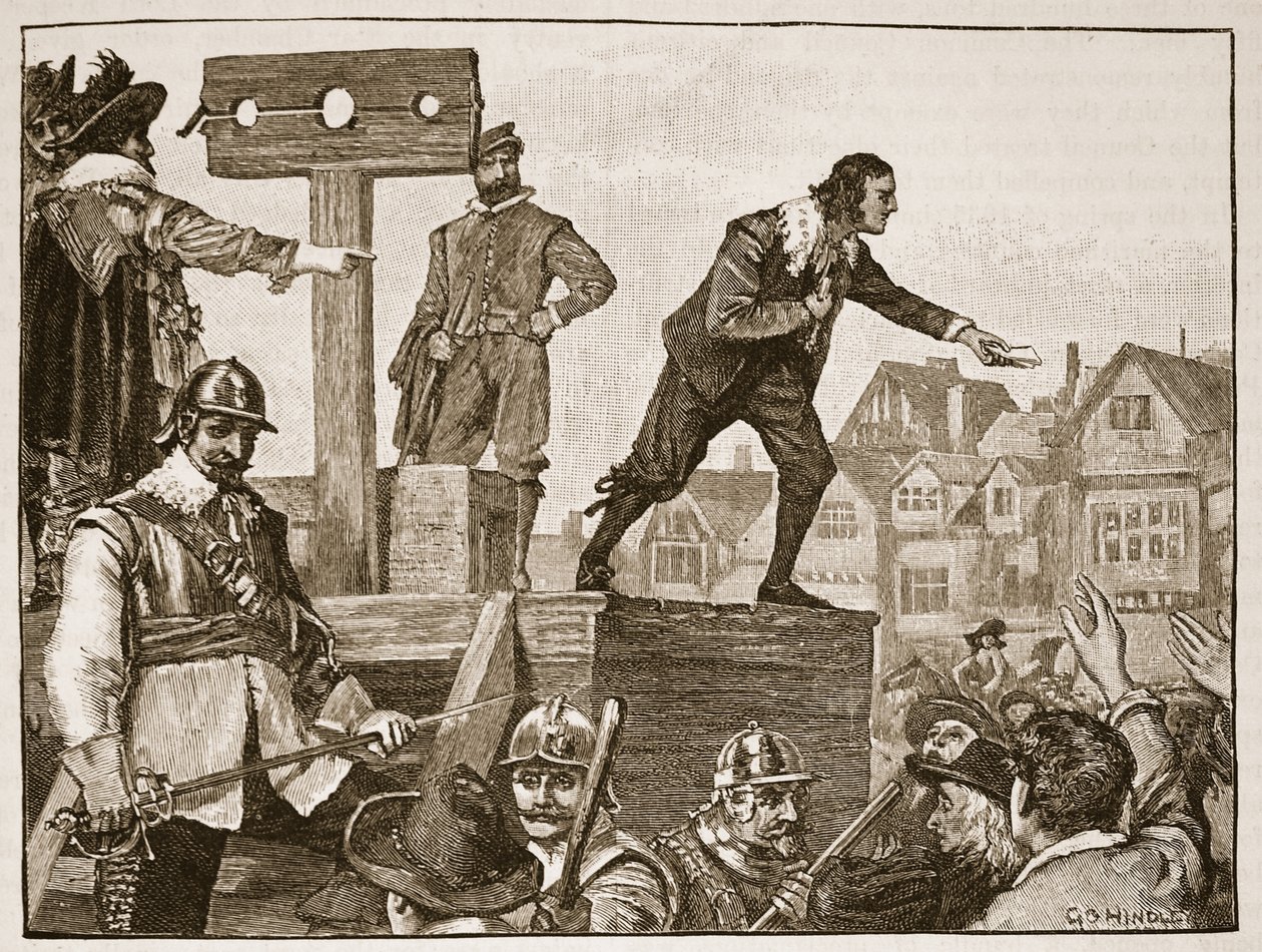 John Lilburne na pręgierzu, ilustracja z Cassells Illustrated History of England (zdjęcie w sepii) autorstwa English School