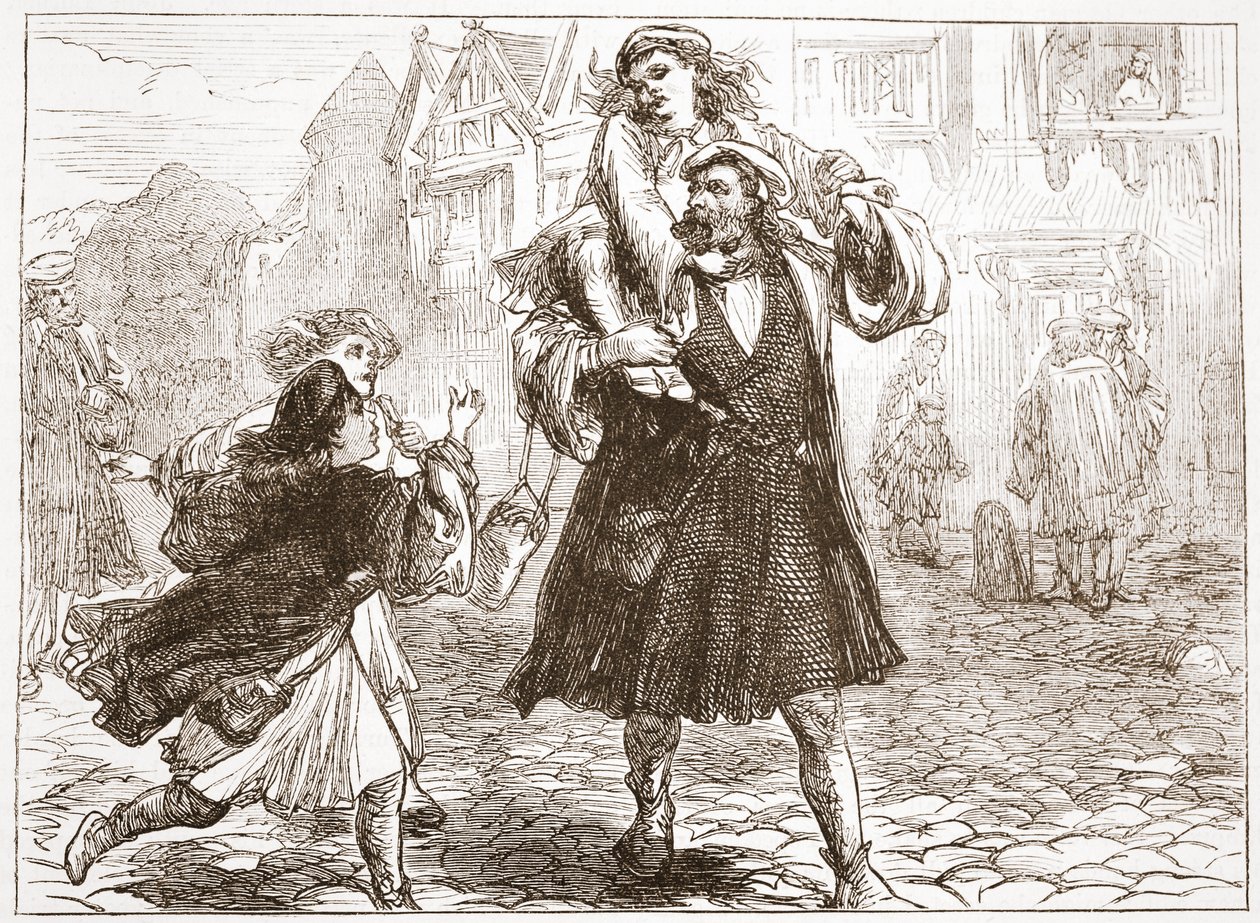 Jan Luter zabierający syna do szkoły, ilustracja z Historii protestantyzmu Jamesa Aitkena Wylie (1808-1890), wyd. 1878 autorstwa English School