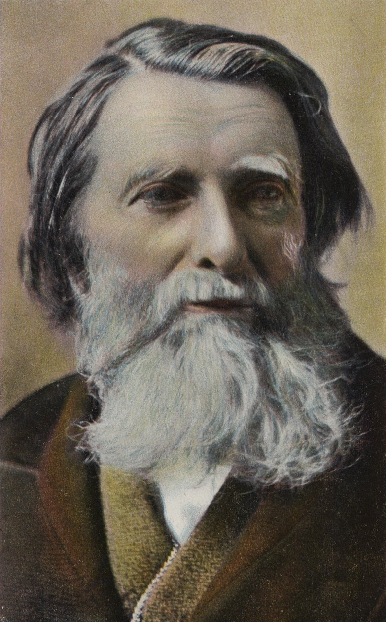 John Ruskin (1819-1900), angielski pisarz, krytyk sztuki, artysta i myśliciel społeczny (kolorowa litografia) autorstwa English School