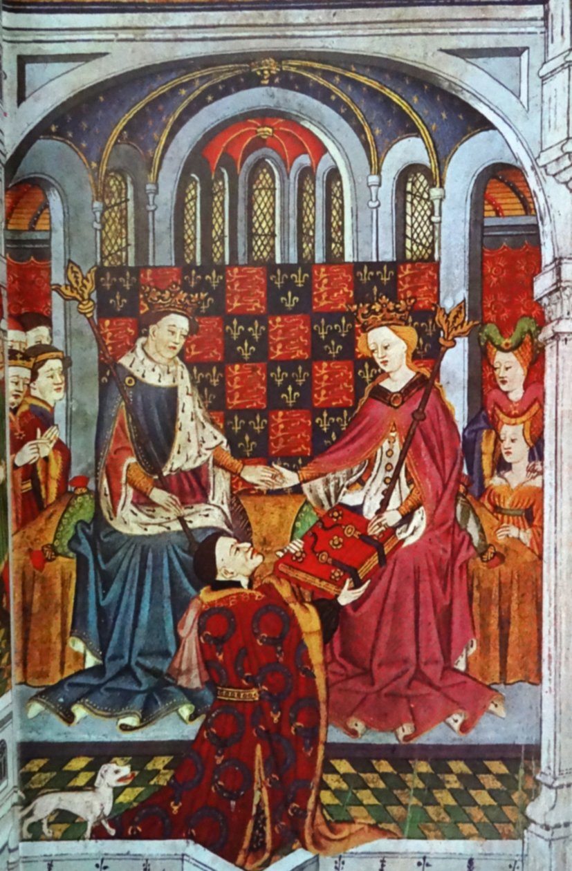 John Talbot, hrabia Shrewsbury, prezentujący książkę Henrykowi VI i Małgorzacie Andegaweńskiej (welin) autorstwa English School