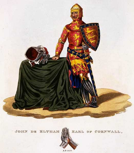 John of Eltham, hrabia Kornwalii (1316-36) 1329, grawerowane przez W. Maddocksa, z „Ancient Armour” autorstwa Samuela Rusha Meyricka autorstwa English School