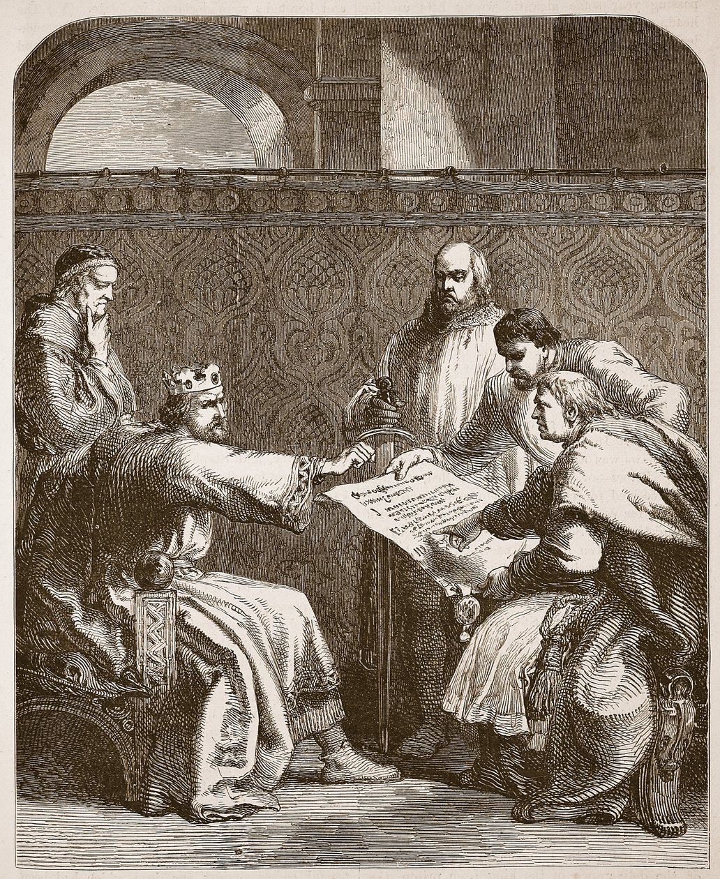 Jan odmawia podpisania artykułów baronów, ilustracja z Cassells Illustrated History of England (zdjęcie w sepii) autorstwa English School