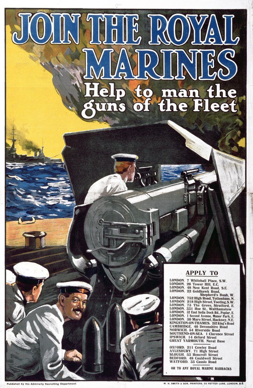 Dołącz do Royal Marines — pomóż obsadzić działa floty, plakat rekrutacyjny do I wojny światowej autorstwa English School