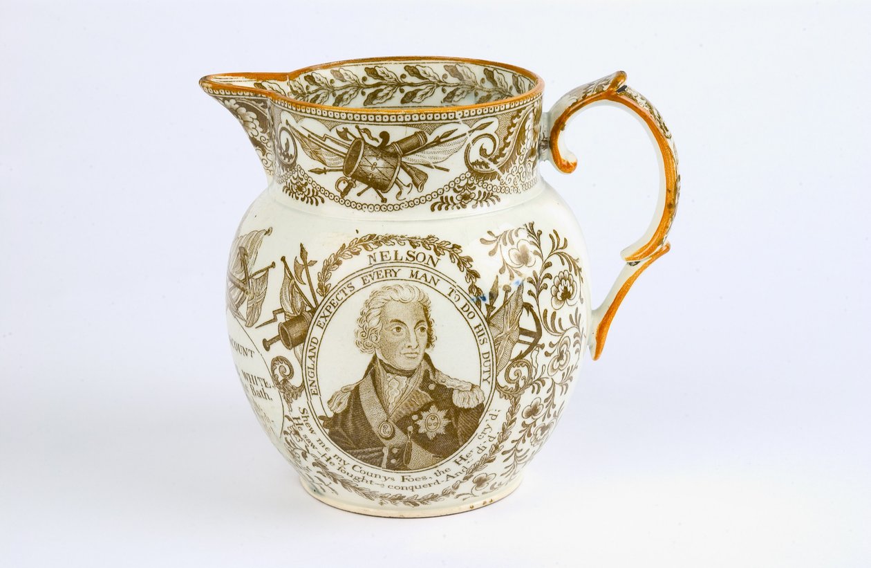 Dzbanek z wzorami transferowymi upamiętniający bitwy i honory Horatio Nelsona (1758-1805) ok. 1805 (ceramika) autorstwa English School