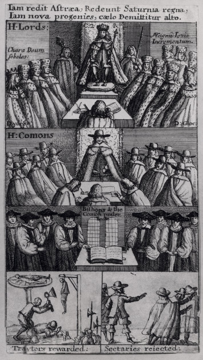 Król Karol II (1630-85) z izbami parlamentu, 1660 autorstwa English School