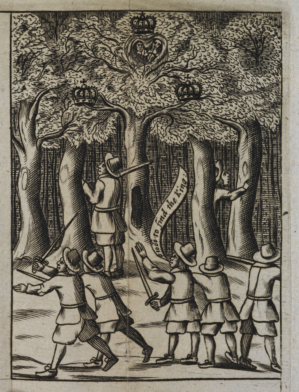 Król Karol II ukrywający się w Boscobel Woods, z „Historii najwspanialszego zachowania jego świętych majestatu po bitwie pod Worcester” autorstwa English School