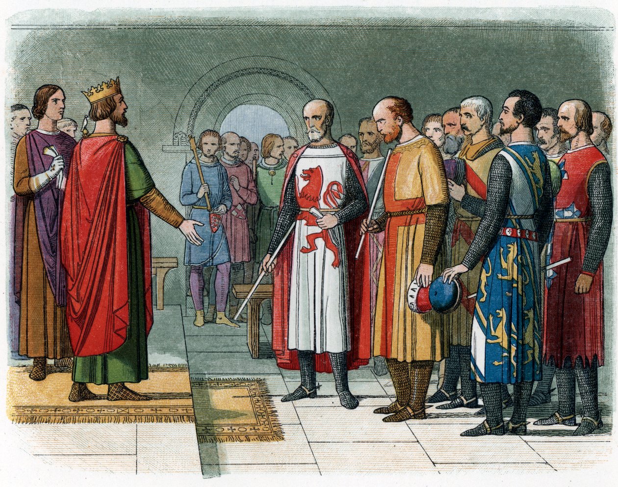 Król Anglii Henryk III przed Komisją Baronową pod przewodnictwem Szymona V z Montfort, ilustracja z „Kroniki Anglii” Jamesa Doyle’a autorstwa English School
