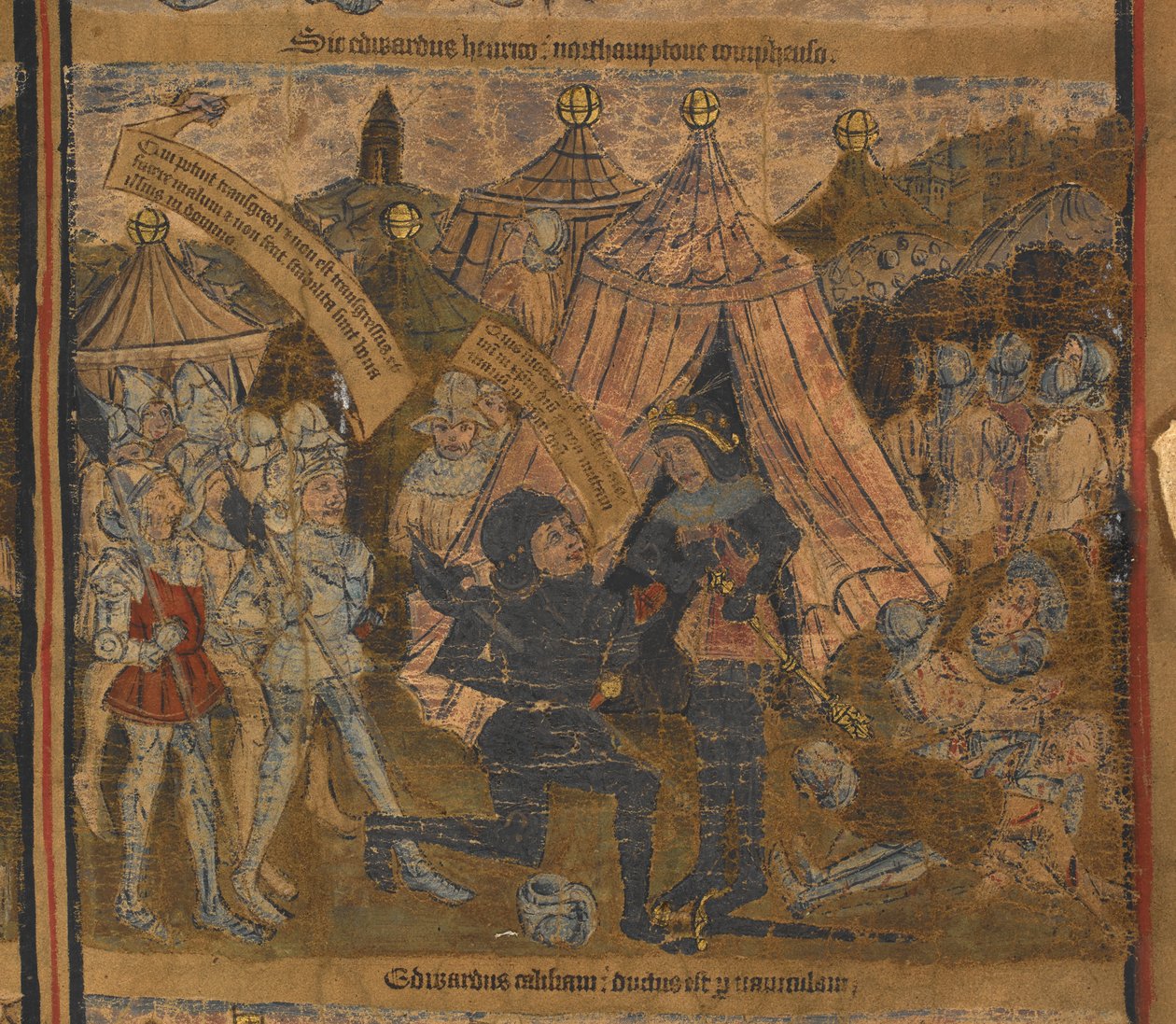 Król Henryk VI wzięty do niewoli po bitwie pod Northampton w 1460 roku przez Edwarda z Yorku (później króla Edwarda IV) oraz hrabiów Warwick i Salisbury, ilustracja z „Typological Life and Genealogy of Edward IV”, c.1460-70 (wellum) autorstwa English School