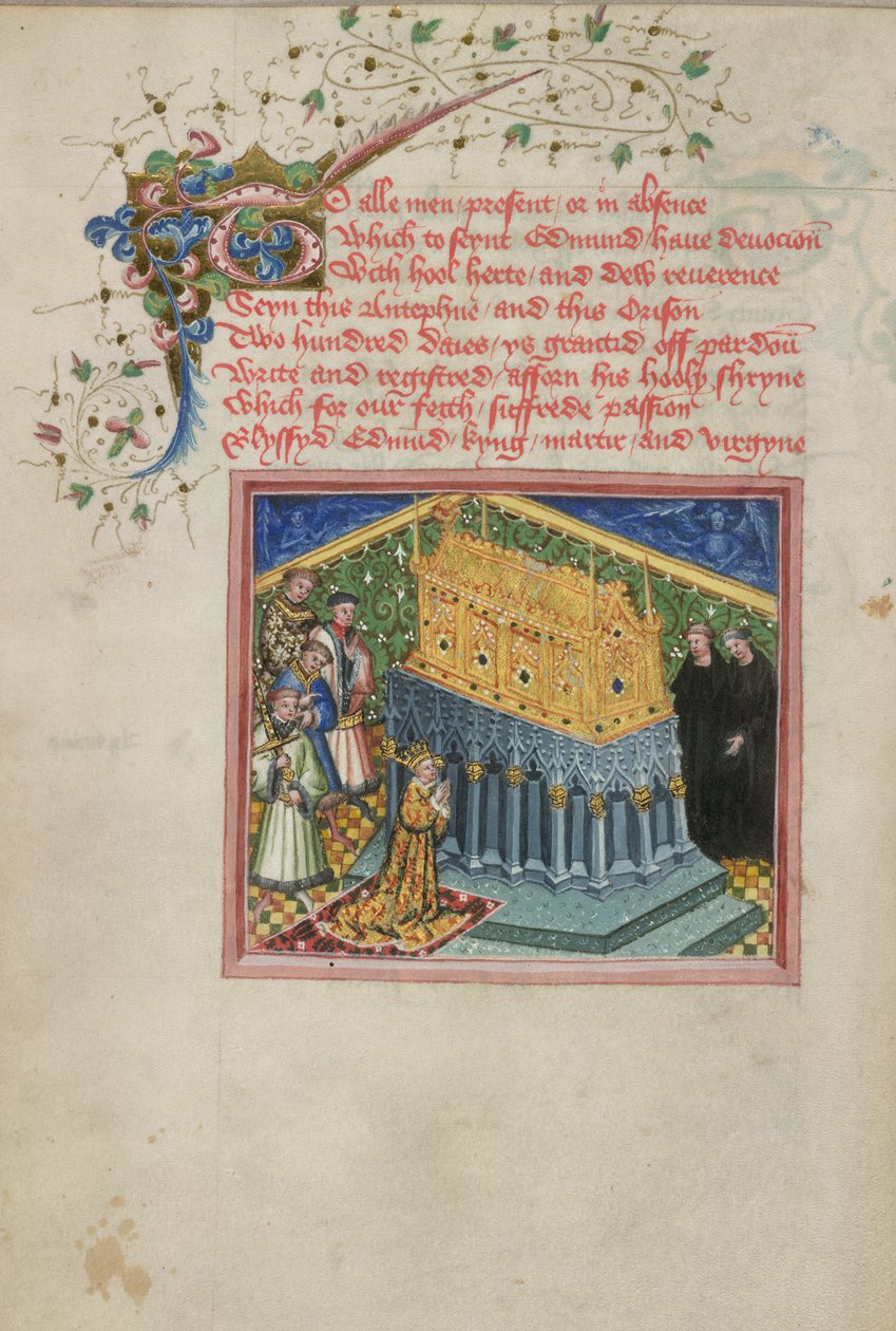 Król Henryk VI odwiedza Sanktuarium św Edmunda, ilustracja z „Żywotów świętych Edmunda i Fremunda autorstwa English School