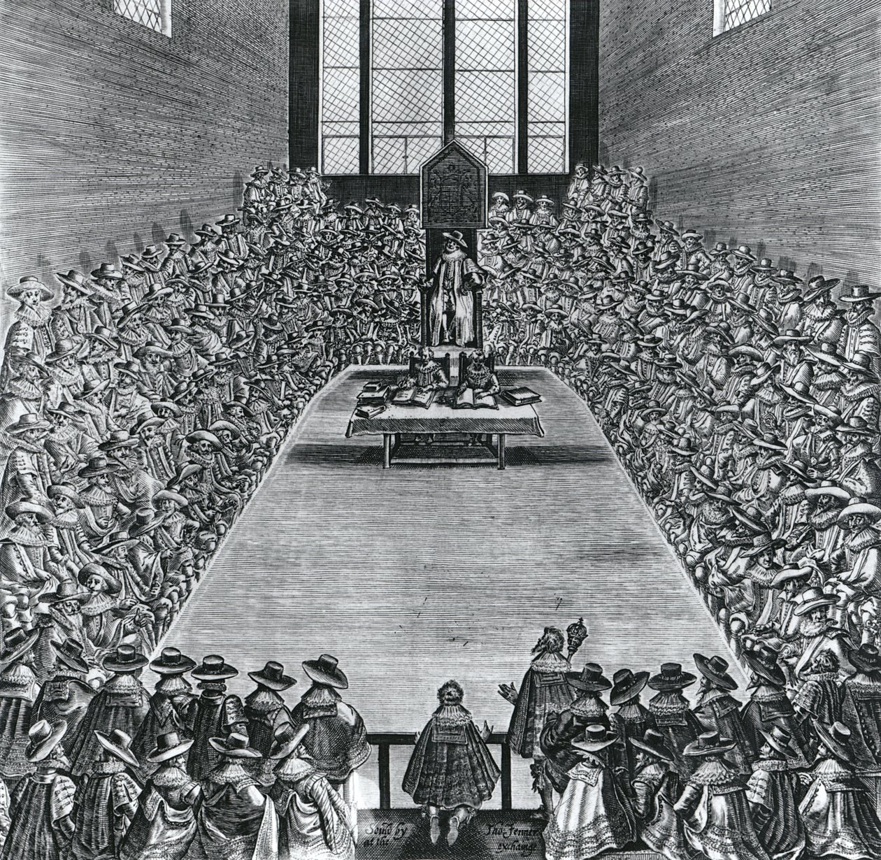 Król Jakub I (1566-1625) w Izbach Parlamentu, 1624 autorstwa English School