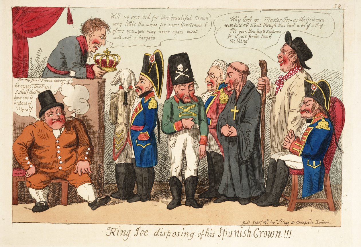 Król Joe pozbywa się swojej hiszpańskiej korony!!! Pub. 1808 (grawerowanie ręcznie kolorowane) autorstwa English School
