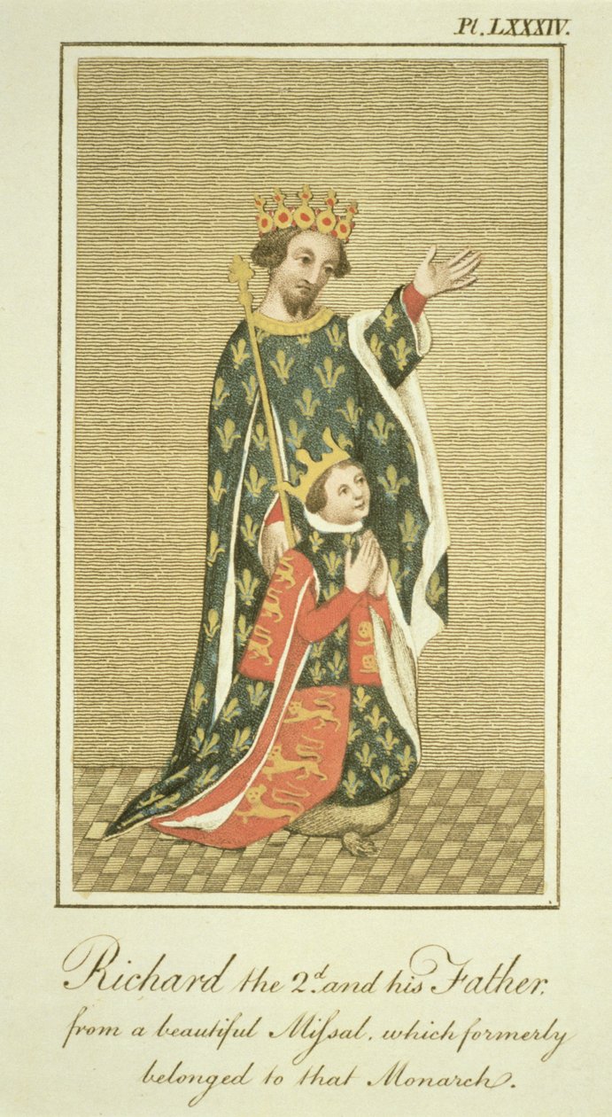 Król Ryszard II (1367-1400) ze swoim ojcem Edwardem (1330-76) Czarnym Księciem, ilustracja z The Complete View of the Dress and Habits of the People of England, tom II, wydanej w 1799 (kolorowane autorstwa English School