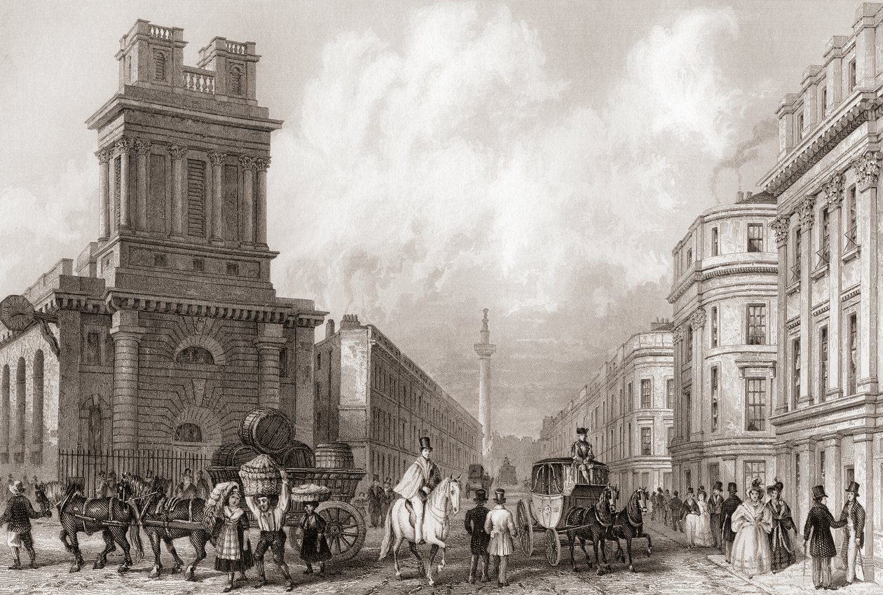 King William Street i St Mary Woolnoth, Londyn, Anglia autorstwa English School