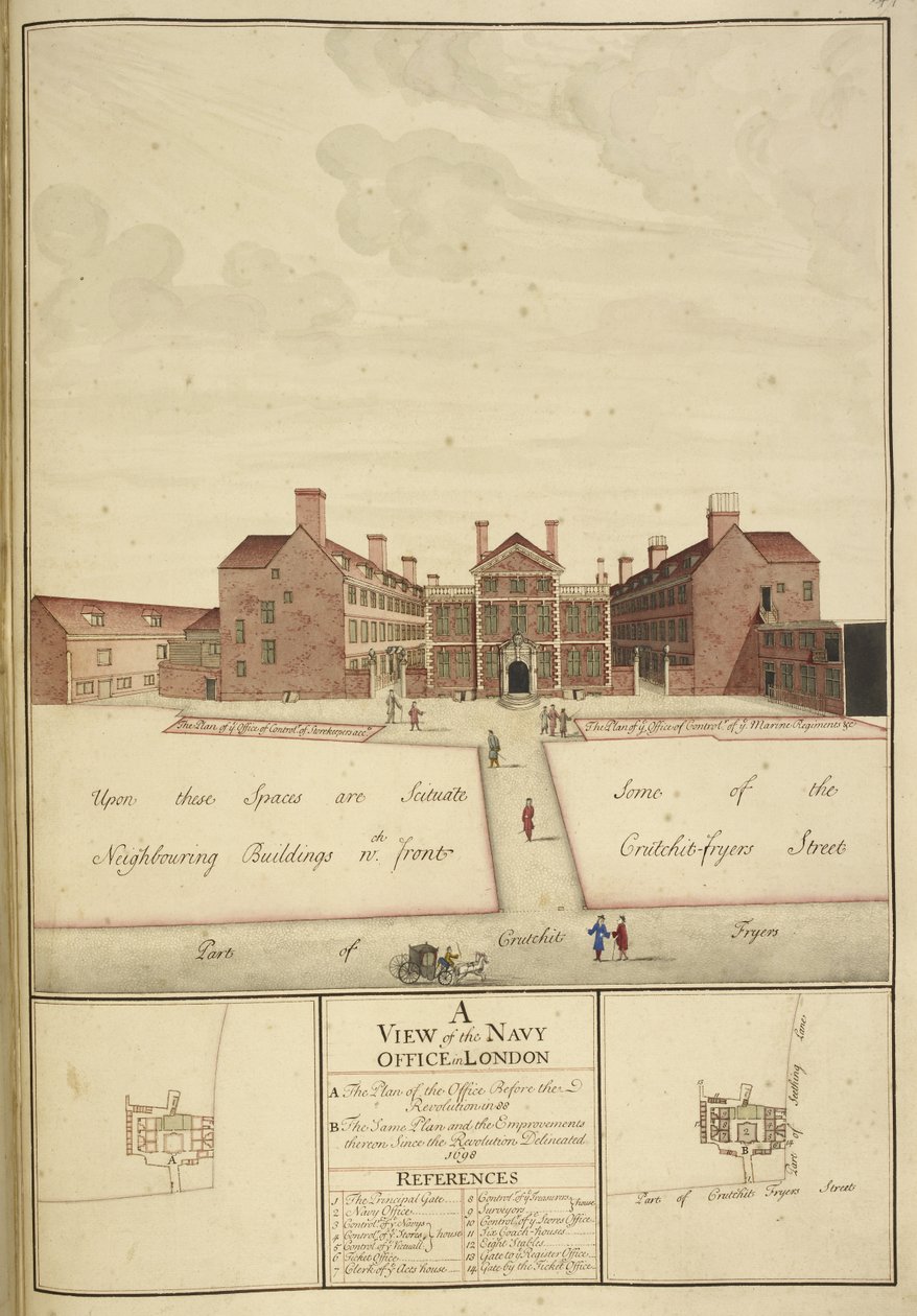 Kings 43, f.147 A View of the Navy Office, Londyn autorstwa English School