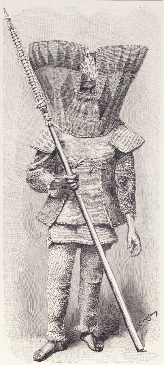 Kingsmill Islander w pełnej zbroi, z Historii ludzkości, tom 1, autorstwa prof. Friedricha Ratzela, 1896 autorstwa English School