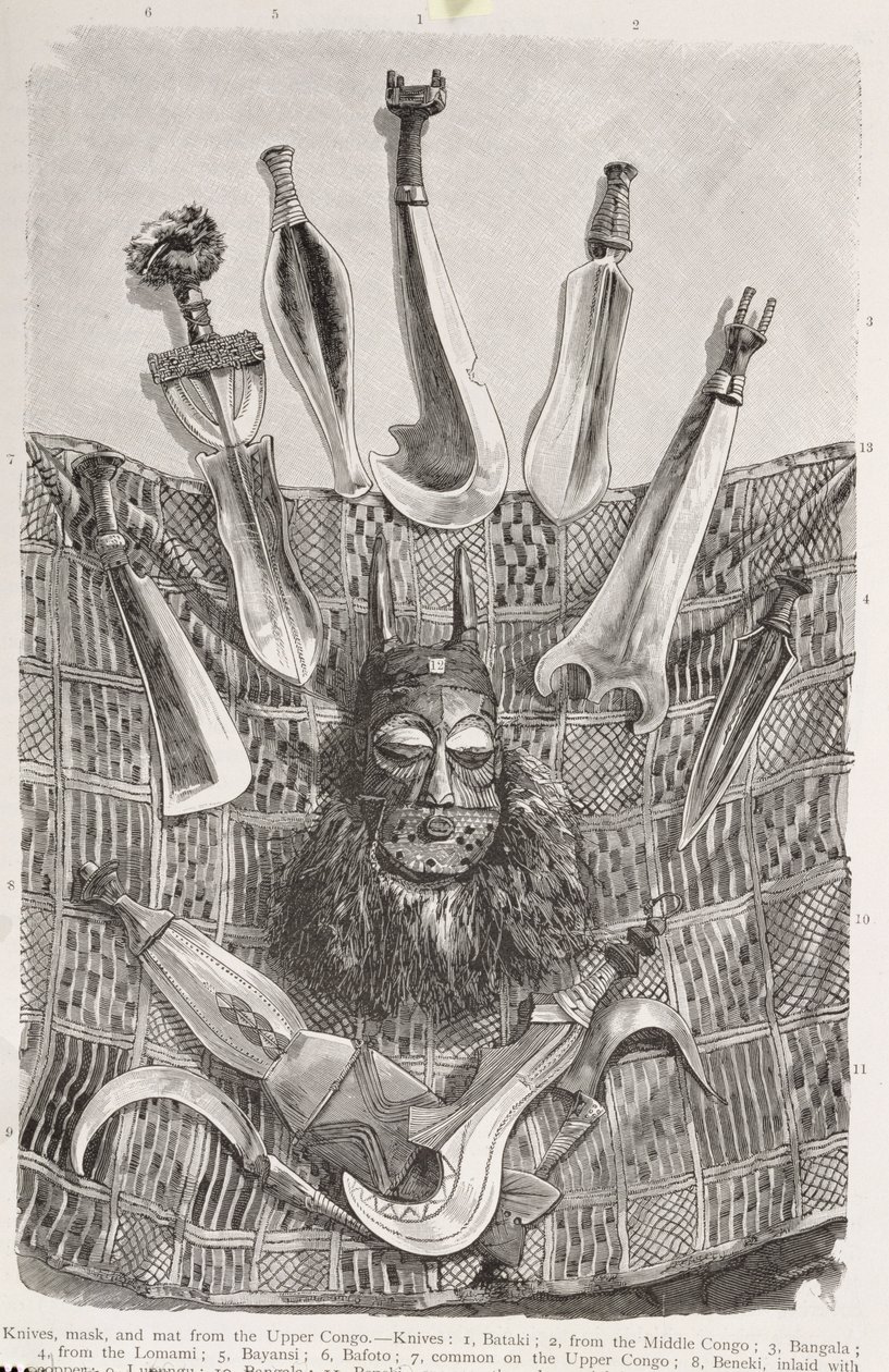 Noże, maska i mata z Górnego Kongo, z "The History of Mankind", Vol.III, prof. Friedrich Ratzel, 1898 autorstwa English School