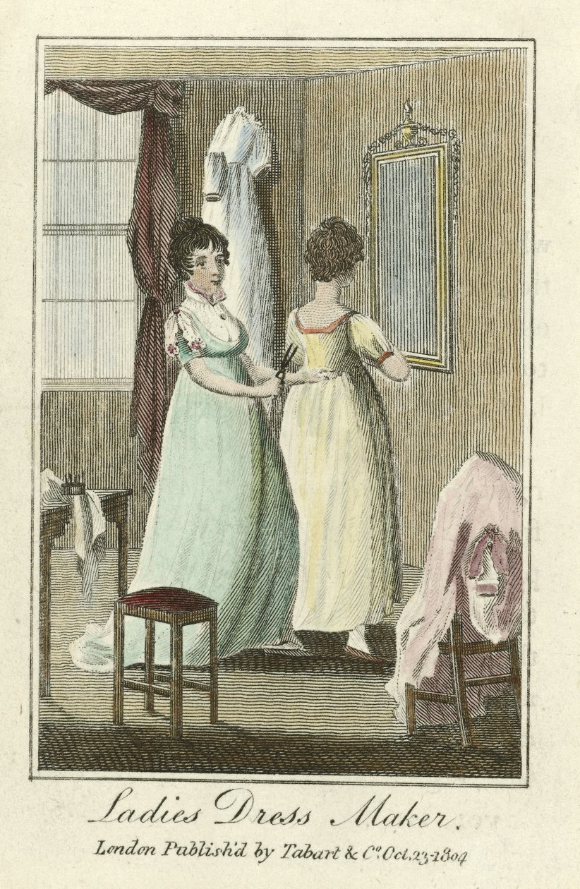 Wytwórnia ubiorów damskich, wyd. 1804 (grawerowanie ręcznie kolorowane) autorstwa English School