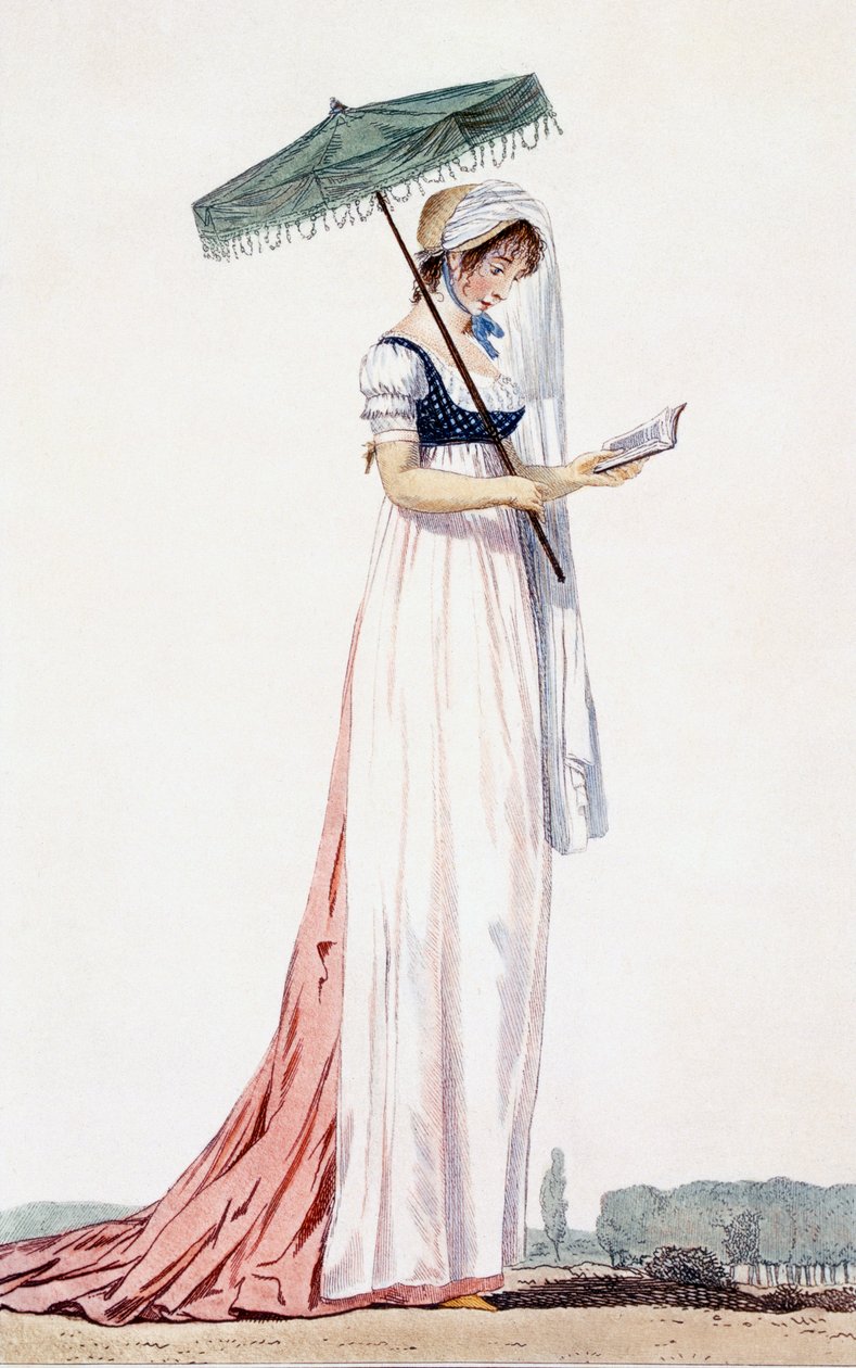 Damska elegancka letnia sukienka z parasolką, Delacourt, 1770 (kolorowy grawerunek) autorstwa English School
